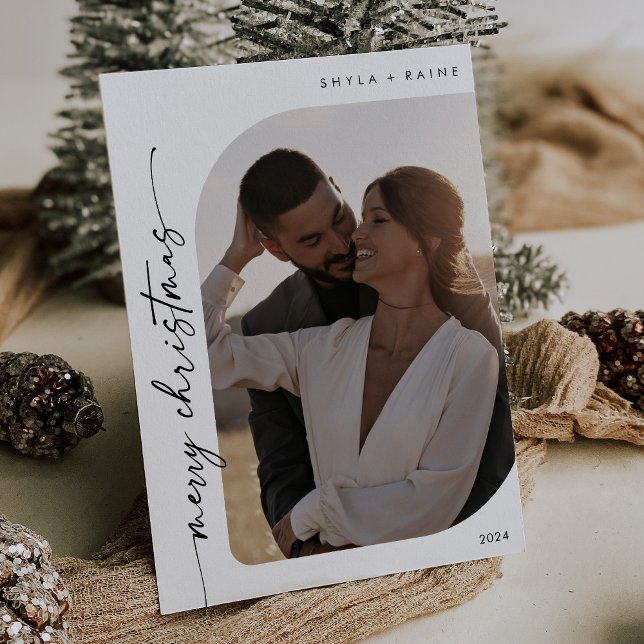 Boho Chic Black White Photo Simple Merry Christmas Holiday Card (Creator Uploaded)