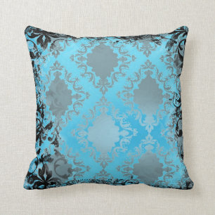 Boho Chic Blue and Black Vintage Throw Pillow