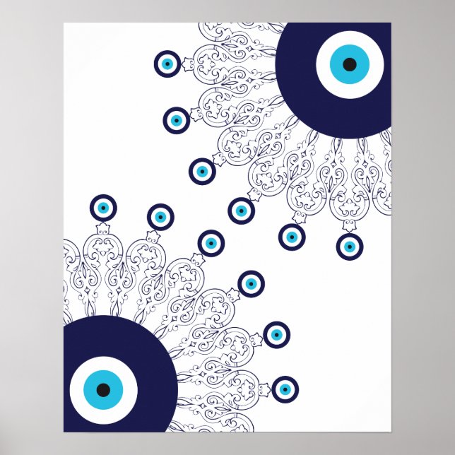 Boho Chic Blue Evil Eye Lucky Mandala Pattern Poster (Front)
