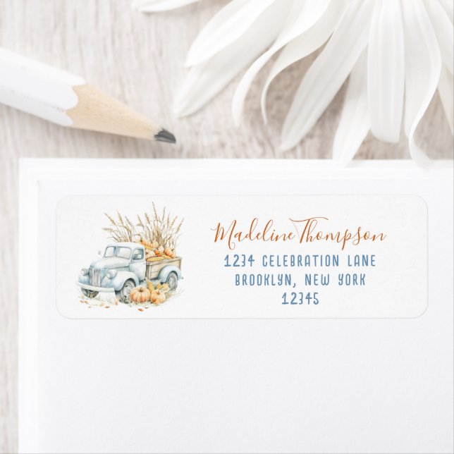 Boho Chic Blue Pumpkin Truck Return Address Label (Insitu)