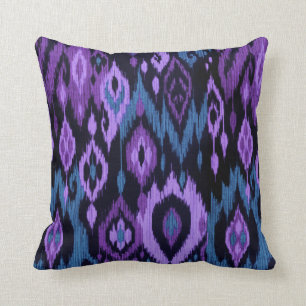 Boho Chic blue purple black Ikat Tribal Tapestry Cushion