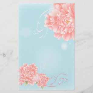 boho chic blue watercolor floral pink flowers stationery