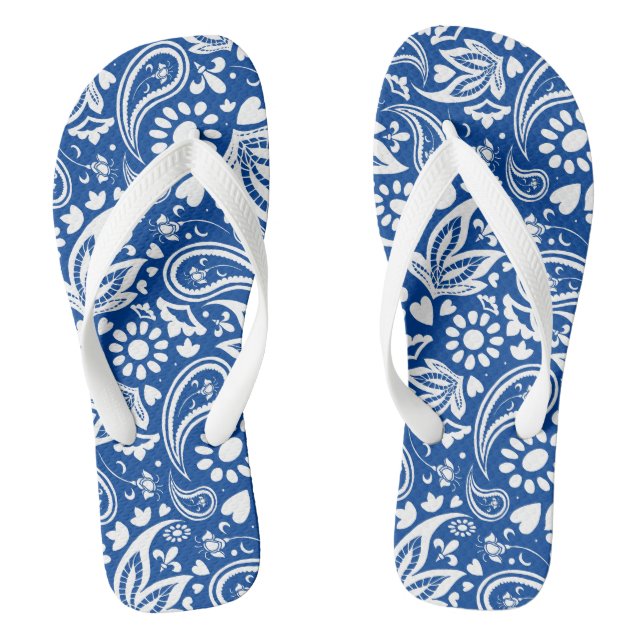 Boho Chic Blue White Paisley and Flower Pattern Thongs (Footbed)