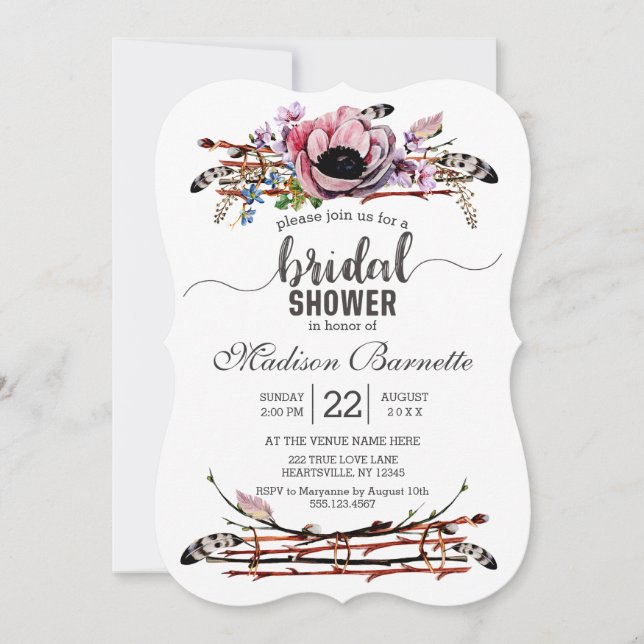 Boho Chic Blush Floral Bridal Shower Invitation (Front)