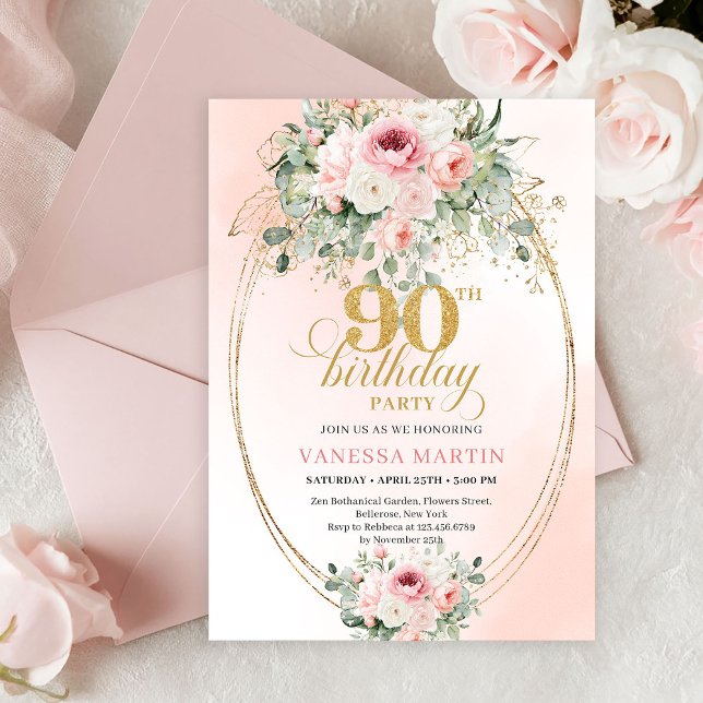 Boho Chic Blush Floral Greenery Gold 90th Birthday Invitation (Elegant Minimal Blush Rose Gold 90th Birthday Invitation)