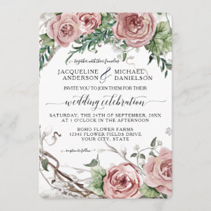BOHO Chic Blush Pink Floral Rustic Wreath Wedding Invitation