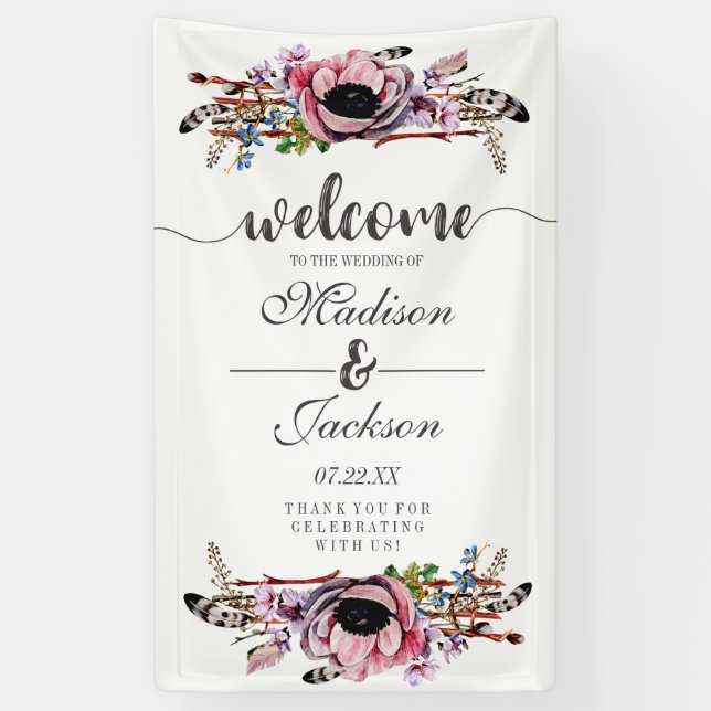 Boho Chic Blush Pink Floral Wedding Welcome Banner (Vertical)