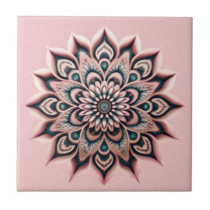 Boho Chic Blush Pink Flower Mandala with Dark Teal Ceramic Tile