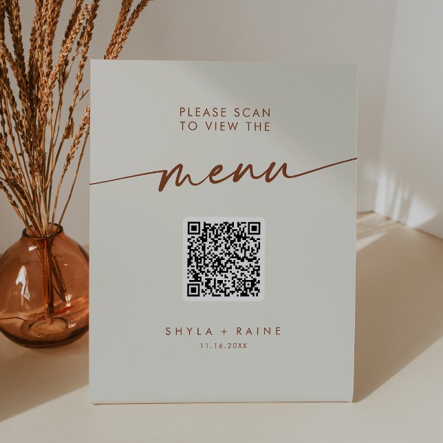Boho Chic Bohemian Cream QR Code Wedding Menu Pedestal Sign (Creator Uploaded)
