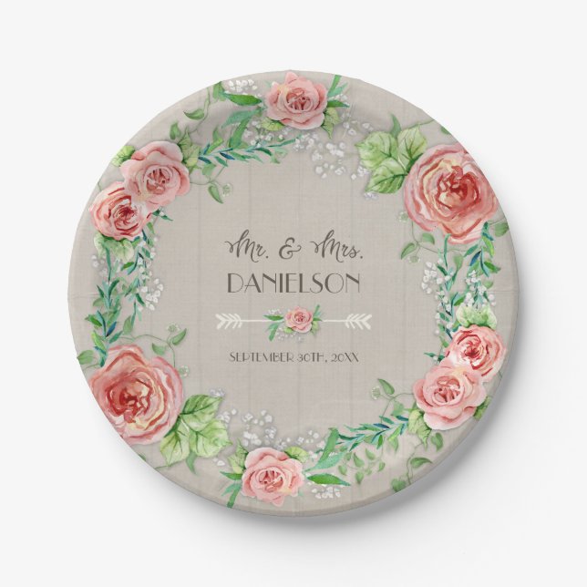 BOHO Chic Bohemian Rustic Floral Grey Barn Wood Paper Plate (Front)