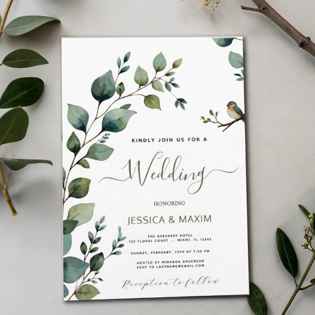 Boho Chic Botanical Green Branch Wedding Invitation (Creator Uploaded)