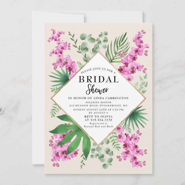 Boho Chic Bridal Shower Tropical Floral QR Code Invitation (Front)