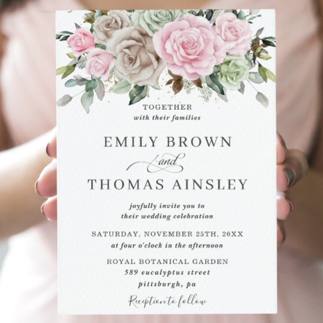 Boho Chic Brown Pink Sage Green Floral Wedding Invitation (Creator Uploaded)