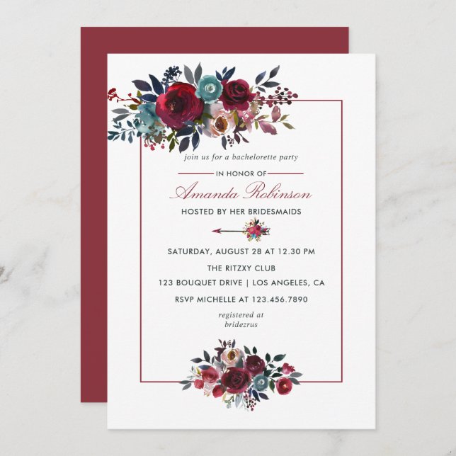 Boho Chic Burgundy and Navy Autumn Fall Wedding Invitation (Front/Back)