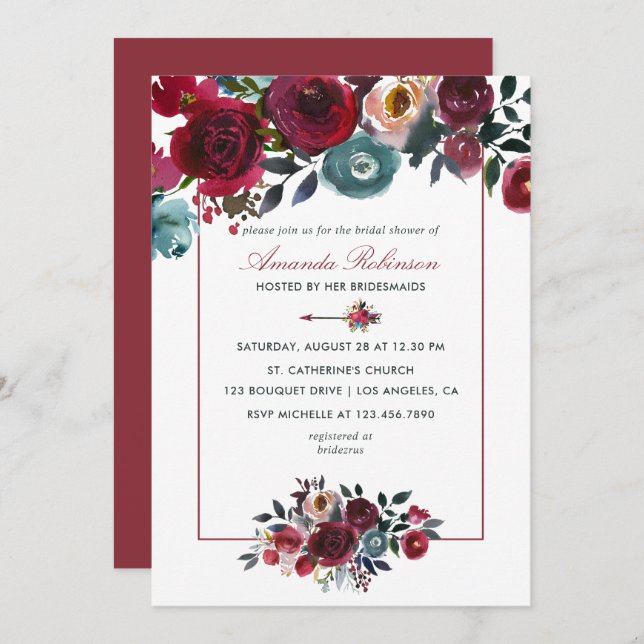 Boho Chic Burgundy and Navy Autumn Fall Wedding Invitation (Front/Back)