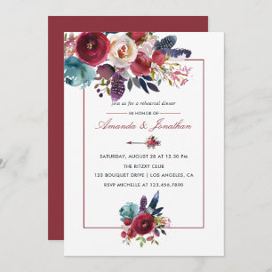 Boho Chic Burgundy and Navy Autumn Fall Wedding Invitation