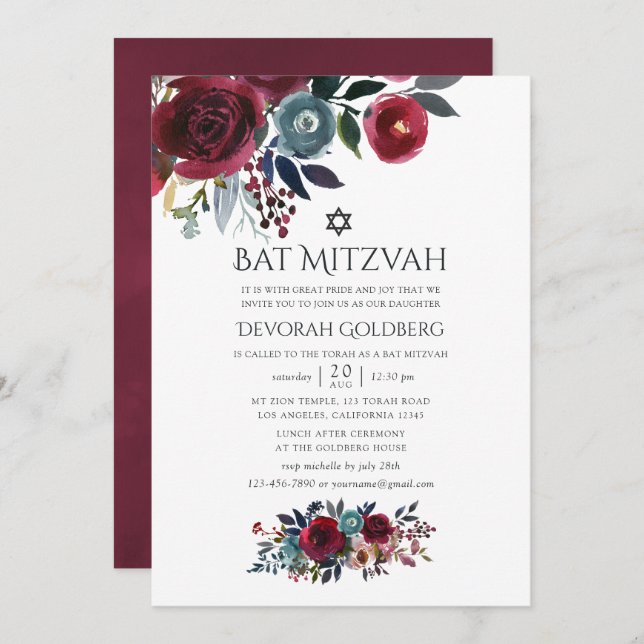 Boho Chic Burgundy and Navy Bat Mitzvah Invitation (Front/Back)