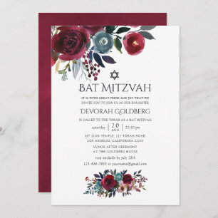 Boho Chic Burgundy and Navy Bat Mitzvah Invitation