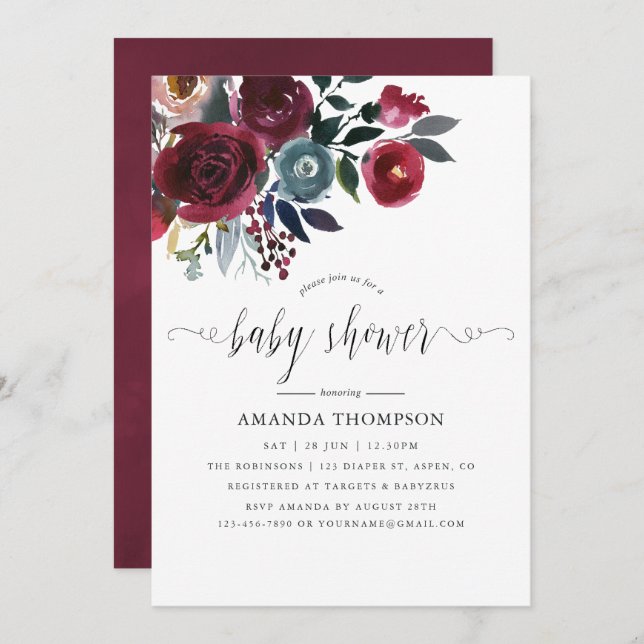Boho Chic Burgundy and Navy floral Baby Shower Invitation (Front/Back)
