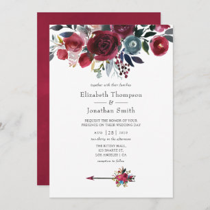 Boho Chic Burgundy and Navy floral Wedding Invitation
