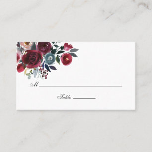 Boho Chic Burgundy and Navy floral Wedding Place Card