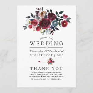 Boho Chic Burgundy and Navy floral Wedding Program