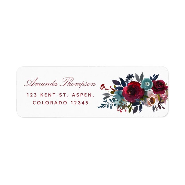 Boho chic burgundy and navy return address label (Front)