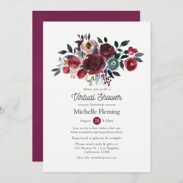 Boho Chic Burgundy and Navy Virtual Bridal Shower Invitation (Front/Back)
