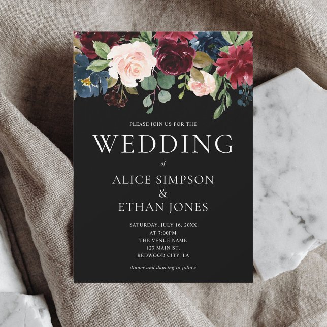 Boho Chic Burgundy Blue Flowers Wedding  Invitation (Creator Uploaded)