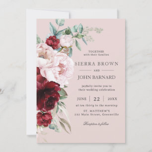 Boho Chic Burgundy Blush Peonies Floral Wedding Invitation