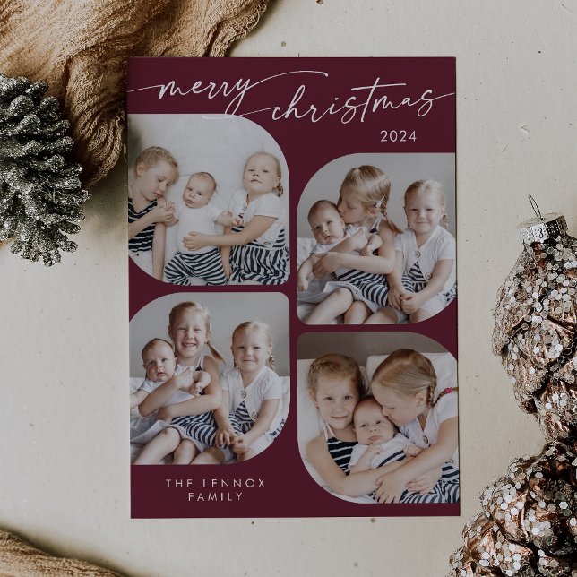 Boho Chic Burgundy Family Multi Photo Christmas Holiday Card (Creator Uploaded)