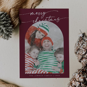 Boho Chic Burgundy Fun Family Photo Christmas Holiday Card