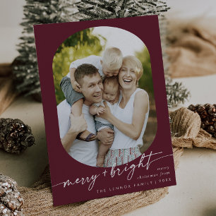 Boho Chic Burgundy Merry Bright Photo Christmas Holiday Card