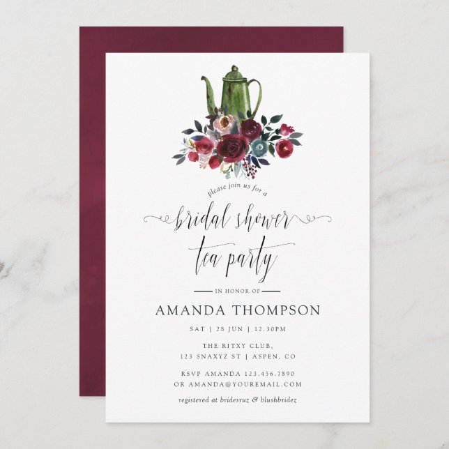 Boho Chic Burgundy & Navy Bridal Shower Tea Party Invitation (Front/Back)