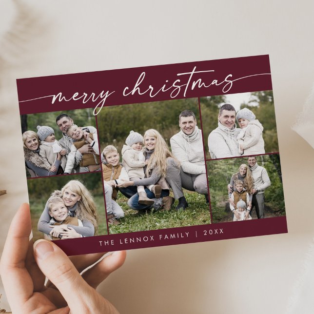 Boho Chic Burgundy Photo Boho Merry Christmas Holiday Card (Creator Uploaded)