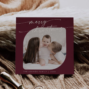 Boho Chic Burgundy Photo Cute Family Christmas Holiday Card