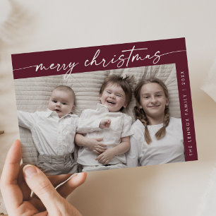 Boho Chic Burgundy Photo Fun Family Christmas Holiday Card