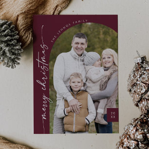 Boho Chic Burgundy Photo Modern Merry Christmas Holiday Card