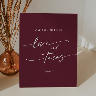 Boho Chic Burgundy Red Love Taco Bar Wedding Pedestal Sign