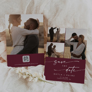 Boho Chic Burgundy Red Multi Photo QR Code Save The Date
