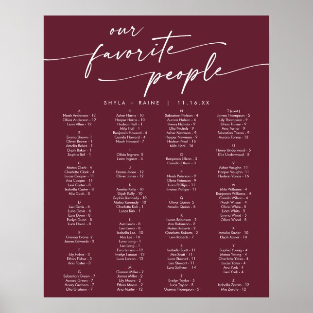Boho Chic Burgundy Red Printable Seating Chart (Front)