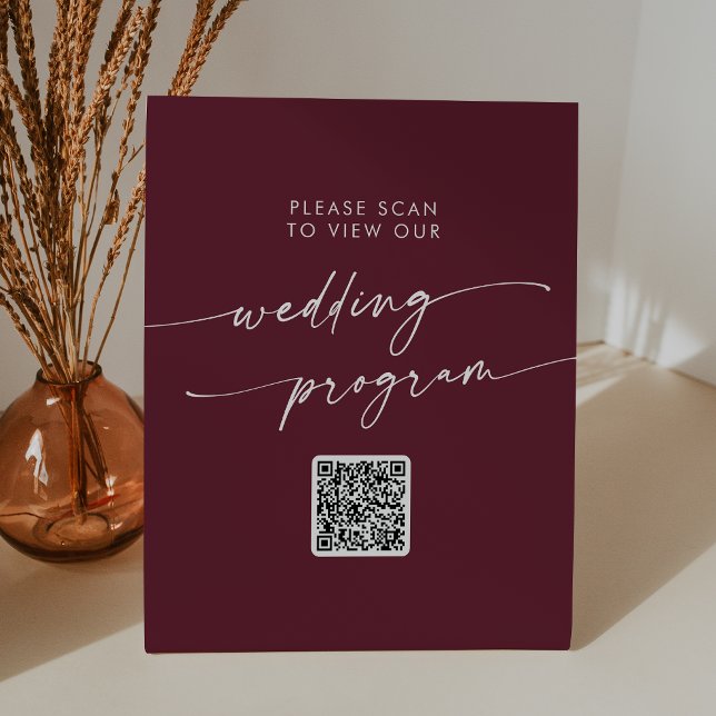 Boho Chic Burgundy Red QR Code Wedding Program Pedestal Sign (Creator Uploaded)