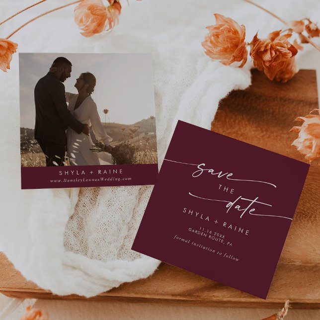 Boho Chic Burgundy Red Square Photo Back Save The Date (Creator Uploaded)