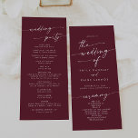 Boho Chic Burgundy Red Tea Length Wedding Program<br><div class="desc">This boho chic burgundy red tea length wedding program is perfect for a minimalist wedding ceremony. The dark maroon wine red modern bohemian design features simple rustic calligraphy with a unique yet classic style. Personalise your wedding program with you names, wedding date, location, order of service, wedding party and optional...</div>