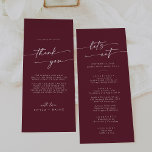 Boho Chic Burgundy Red Thank You and Wedding Menu<br><div class="desc">This boho chic burgundy red thank you and wedding menu is perfect for a minimalist wedding. The dark maroon wine red modern bohemian design features simple rustic calligraphy with a unique yet classic style. Personalise the back of your menu table card with a thoughtful thank you note to your guests,...</div>