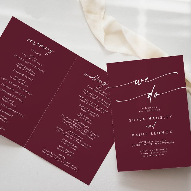 Boho Chic Burgundy Red We Do Folded Wedding Program (Creator Uploaded)
