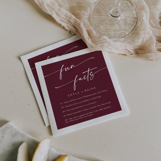 Boho Chic Burgundy Red Wedding Fun Fact Napkins (Creator Uploaded)