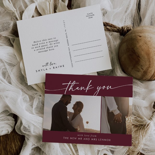 Boho Chic Burgundy Red Wedding Photo Thank You Postcard (Creator Uploaded)