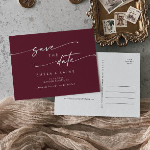 Boho Chic Burgundy Red Wedding Save the Date Invitation Postcard