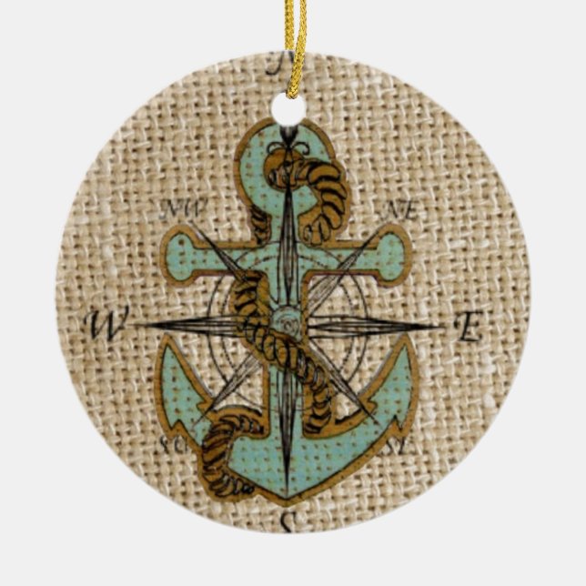 boho chic burlap nautical compass Blue anchor Ceramic Ornament (Front)